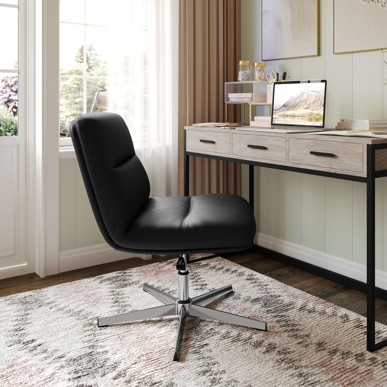 Merrick Lane Biel Mid-Back Height-Adjustable Stationary Armless Swivel Office Chair - Padded Upholstered Wide Back and Seat, Strong Frame